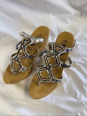 Silver Beaded Wedge Sandals in Tan Footbed - Women